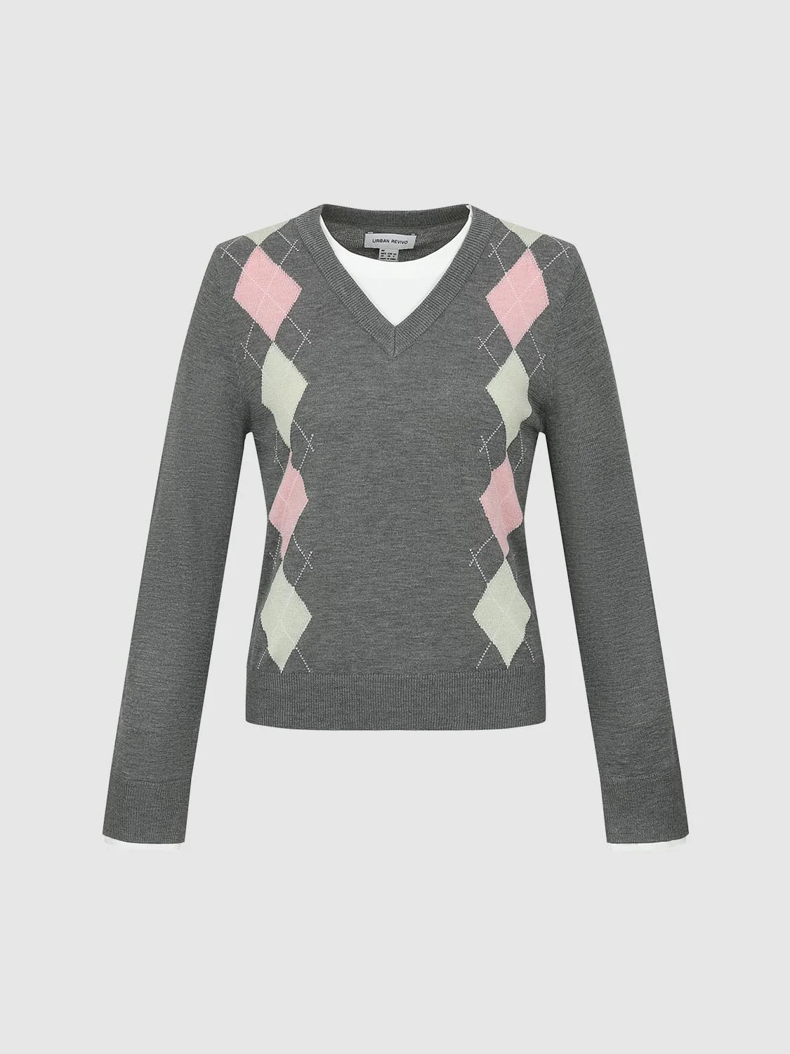 2 In 1 Argyle Intarsia Long Sleeve Knitted T-Shirts - Image 4
