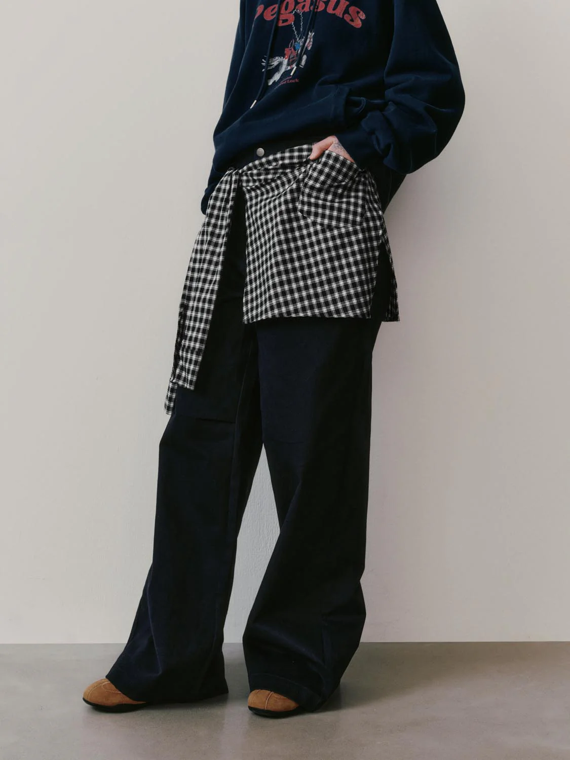 2 In 1 Check Overlay Detail Straight Leg Pants - Image 3