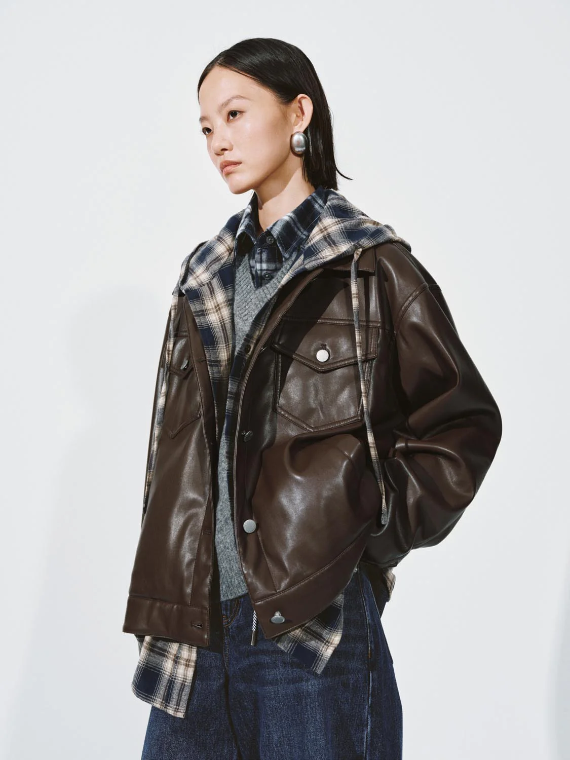 2 In 1 Faux Leather Check Hooded Jackets - Image 2