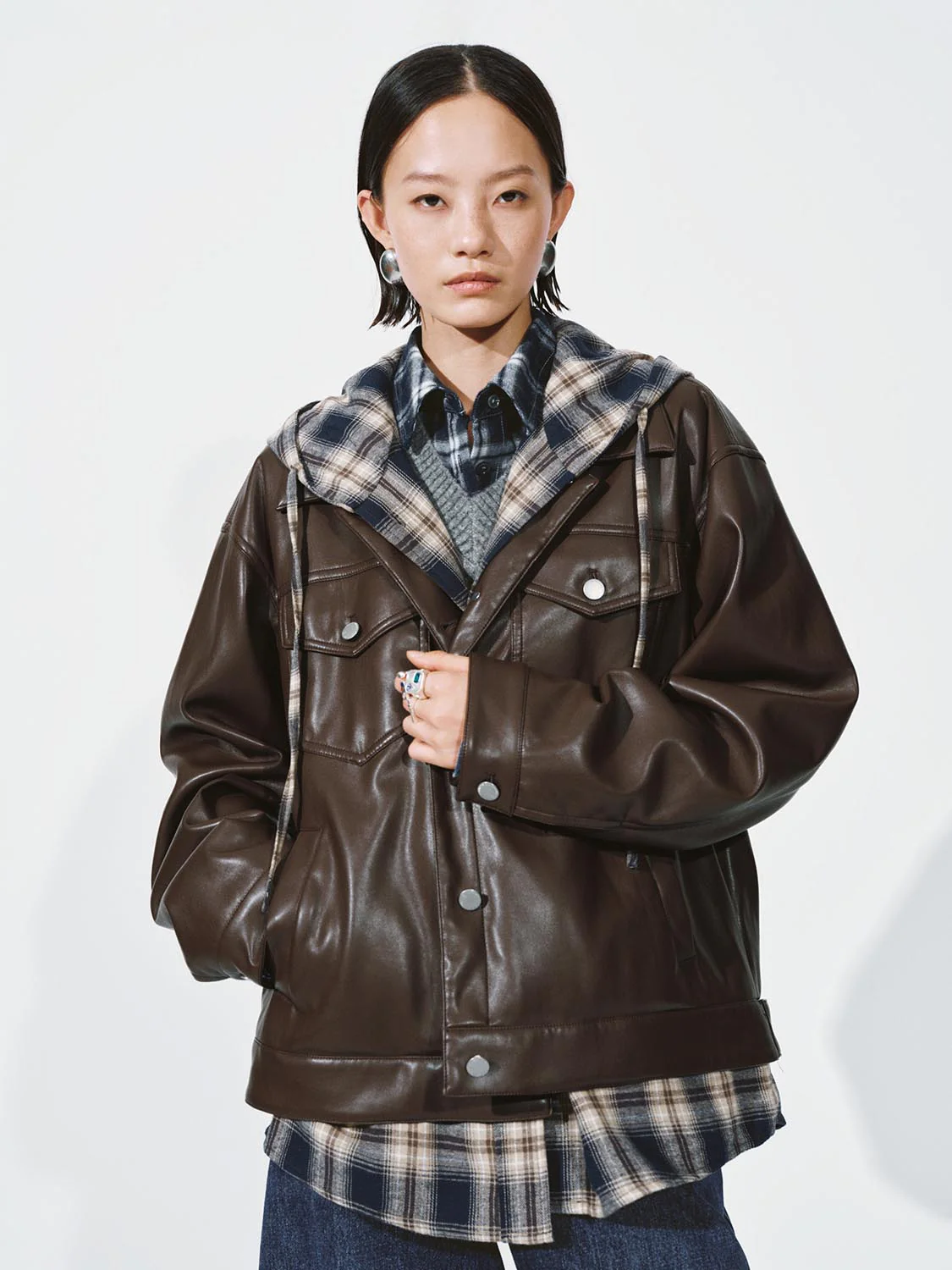 2 In 1 Faux Leather Check Hooded Jackets - Image 9