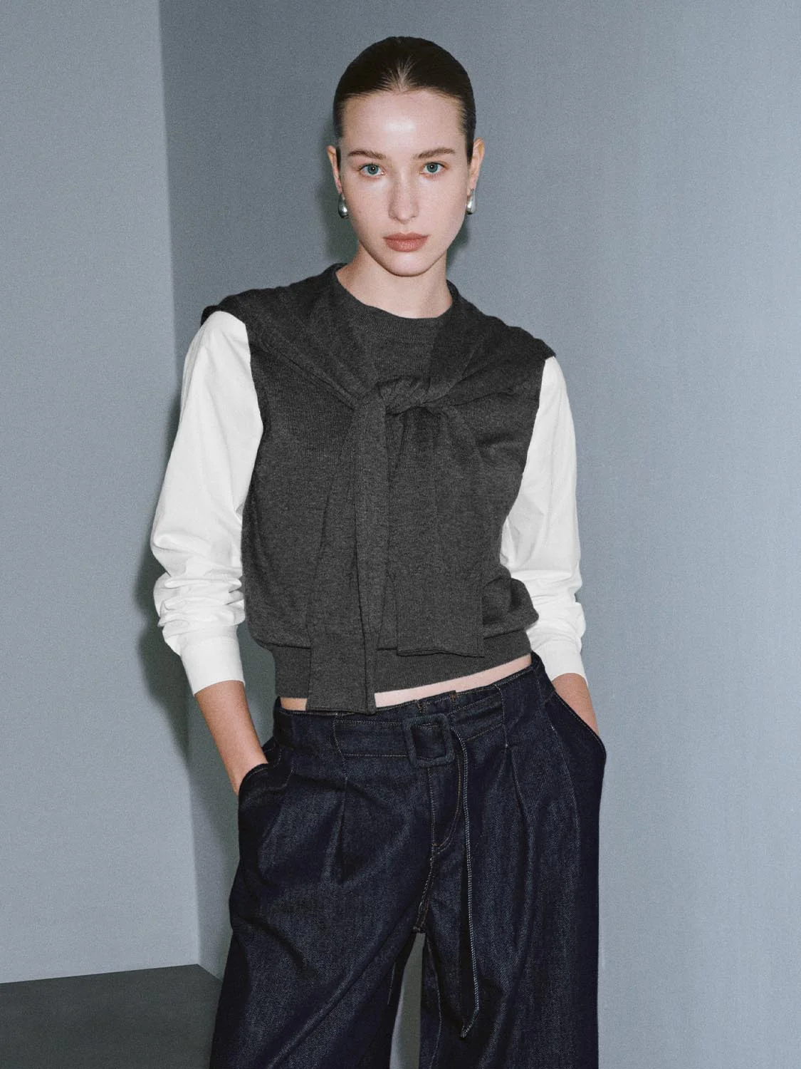 2 In 1 Scarf Contrast Long Sleeve Knitted T-Shirts