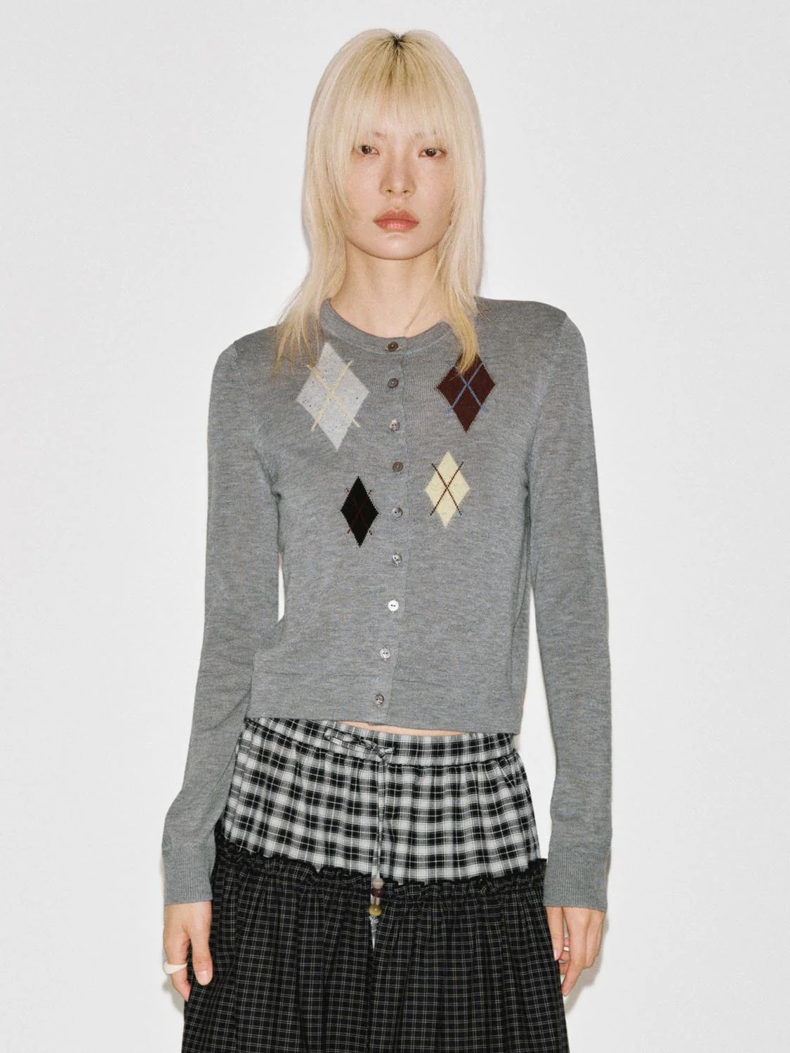 Argyle Intarsia Crew Neck Knitted Cardigan - Image 9