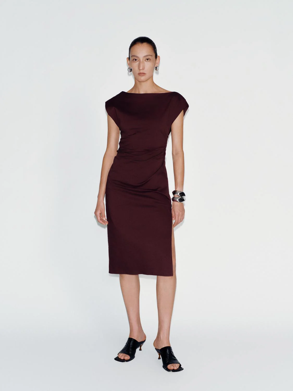 Asymmetric One Cape Shoulder Ruched Straight Midi Dresses - Image 9