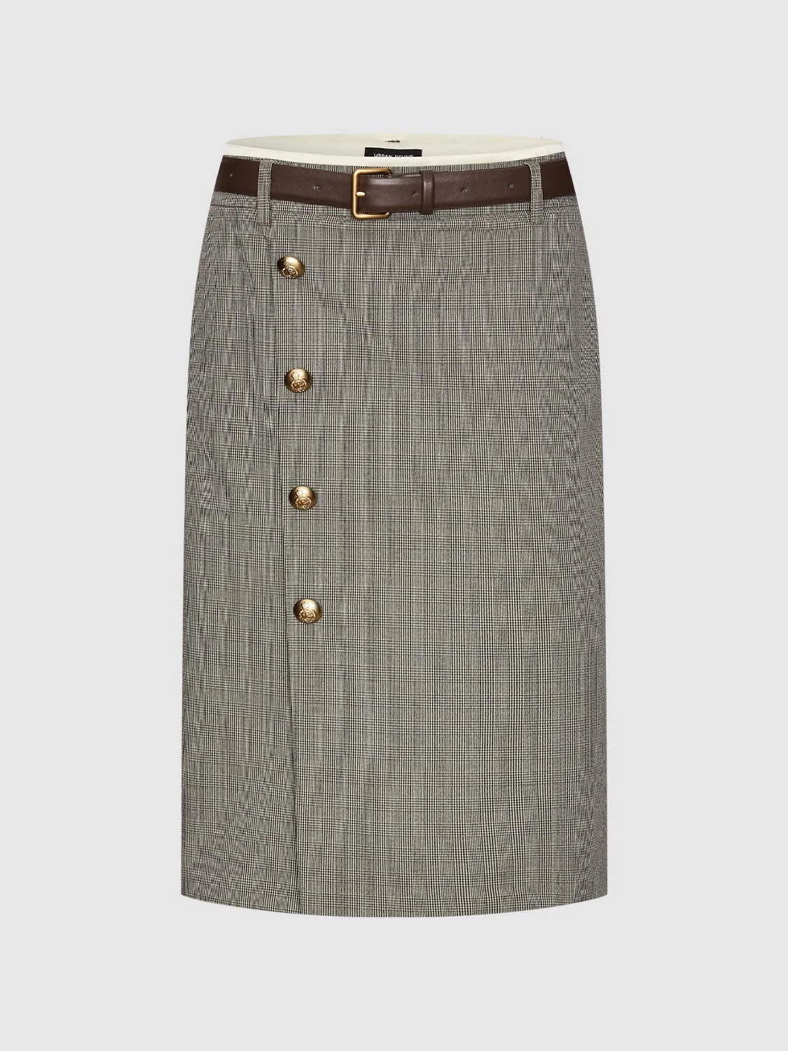 Belted Gold Button Detail Check Straight Midi Skirts