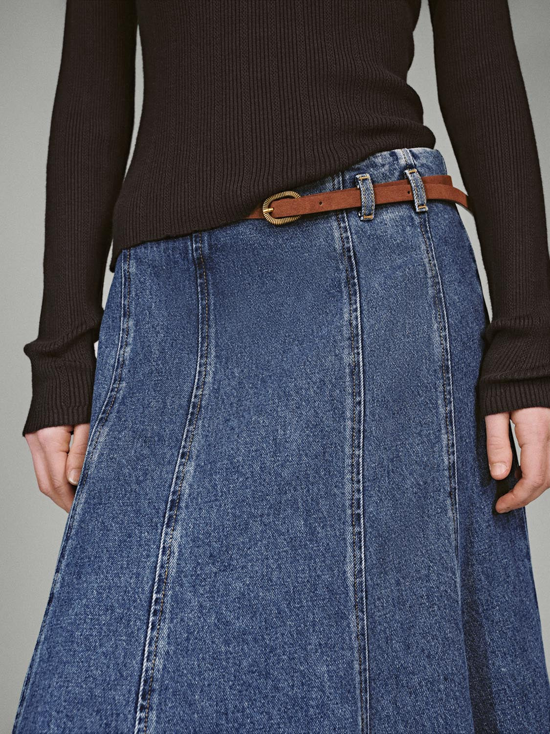 Belted Pleated Seam Detail Denim Maxi Skirts - Image 5