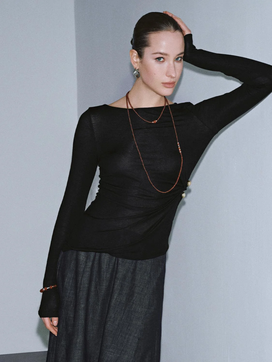 Boat Neck Cinched Waist Long Sleeve T-Shirts - Image 9