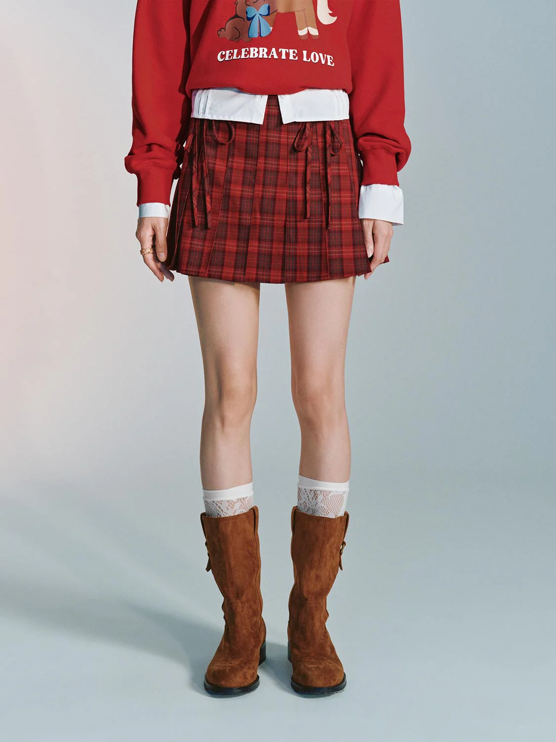Bow Detail Contrast Check Pleated Mini Skirts - Image 9