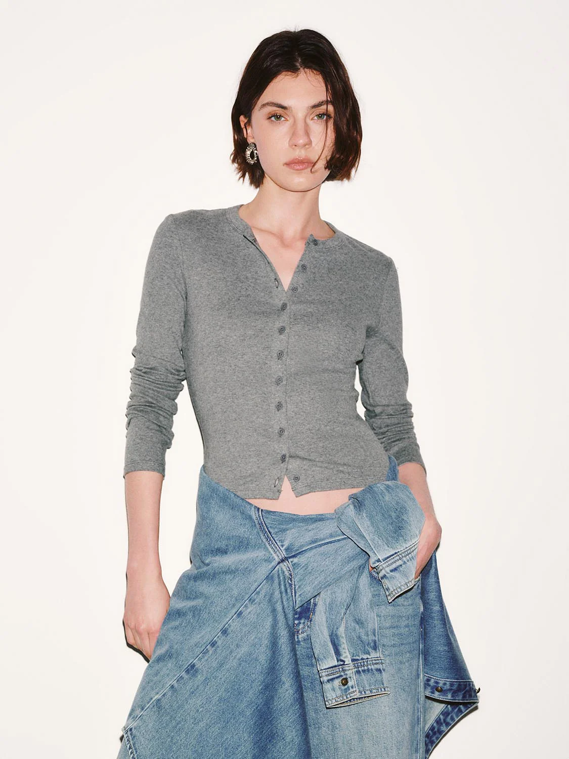 Button Detail Crew Neck Long Sleeve Skinny Fit T-Shirts - Image 26