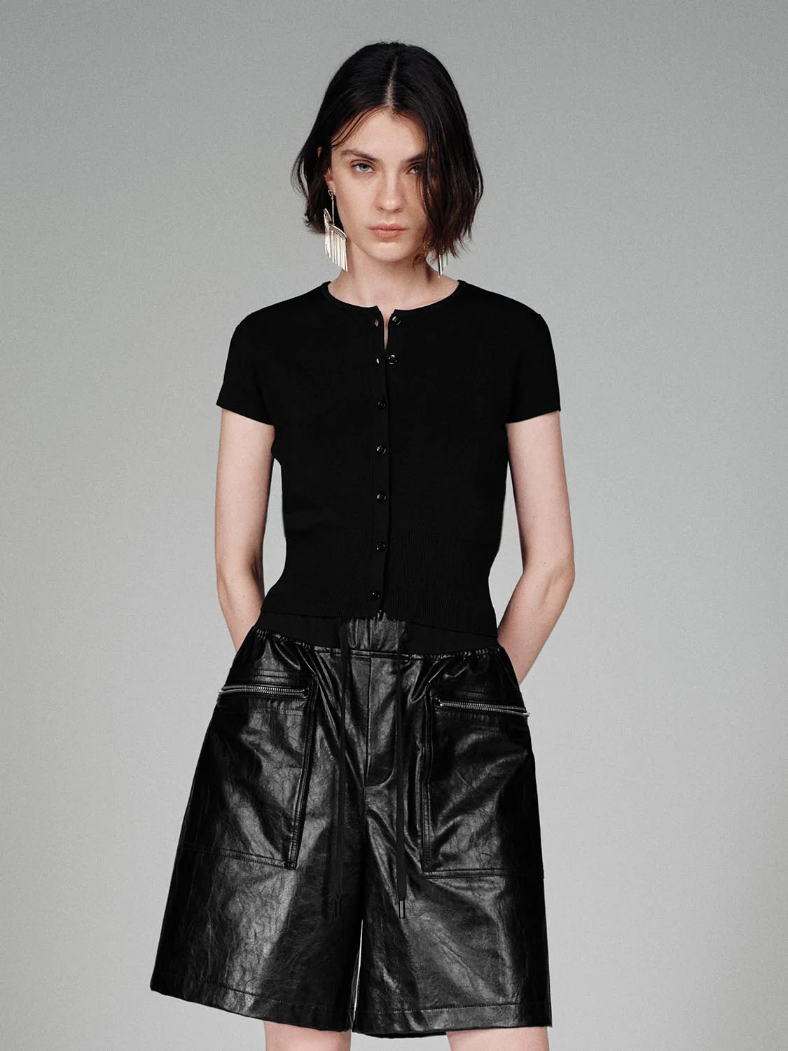 Button Up Cropped Crew Neck T-Shirts