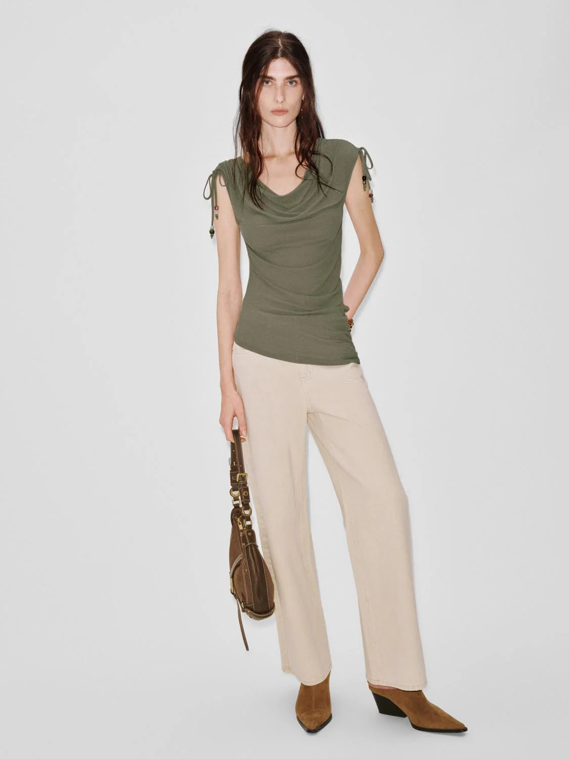 Capped Sleeve Cowl Neck Ruched T-Shirts - Image 5
