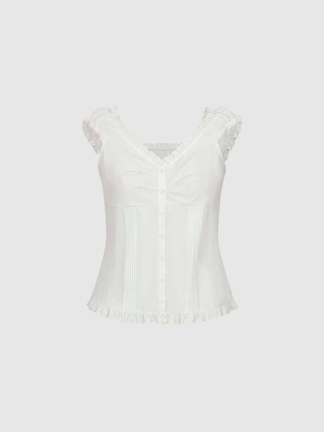 Capped Sleeve Ruffle Hem V-Neck Shirts - Image 7