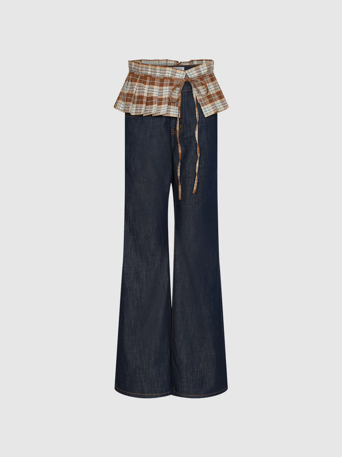 Check Overlay Spliced Flare Leg Jeans - Image 2