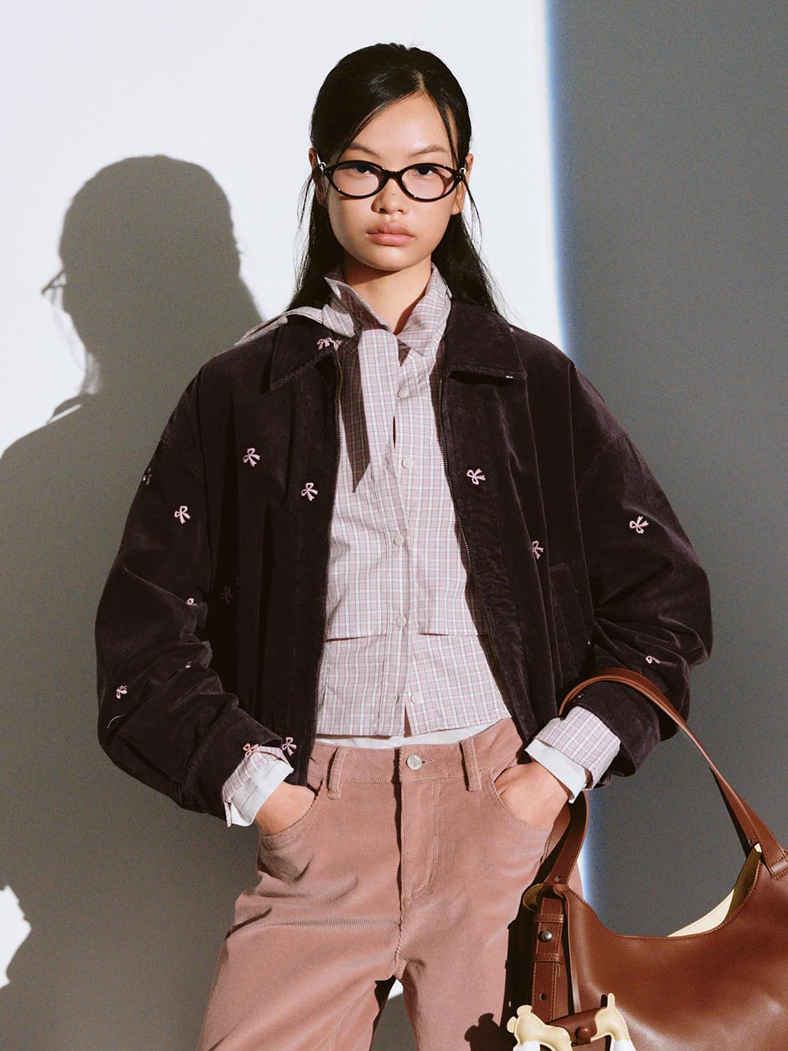 Collared Bow Detail Corduroy Bomber Jackets