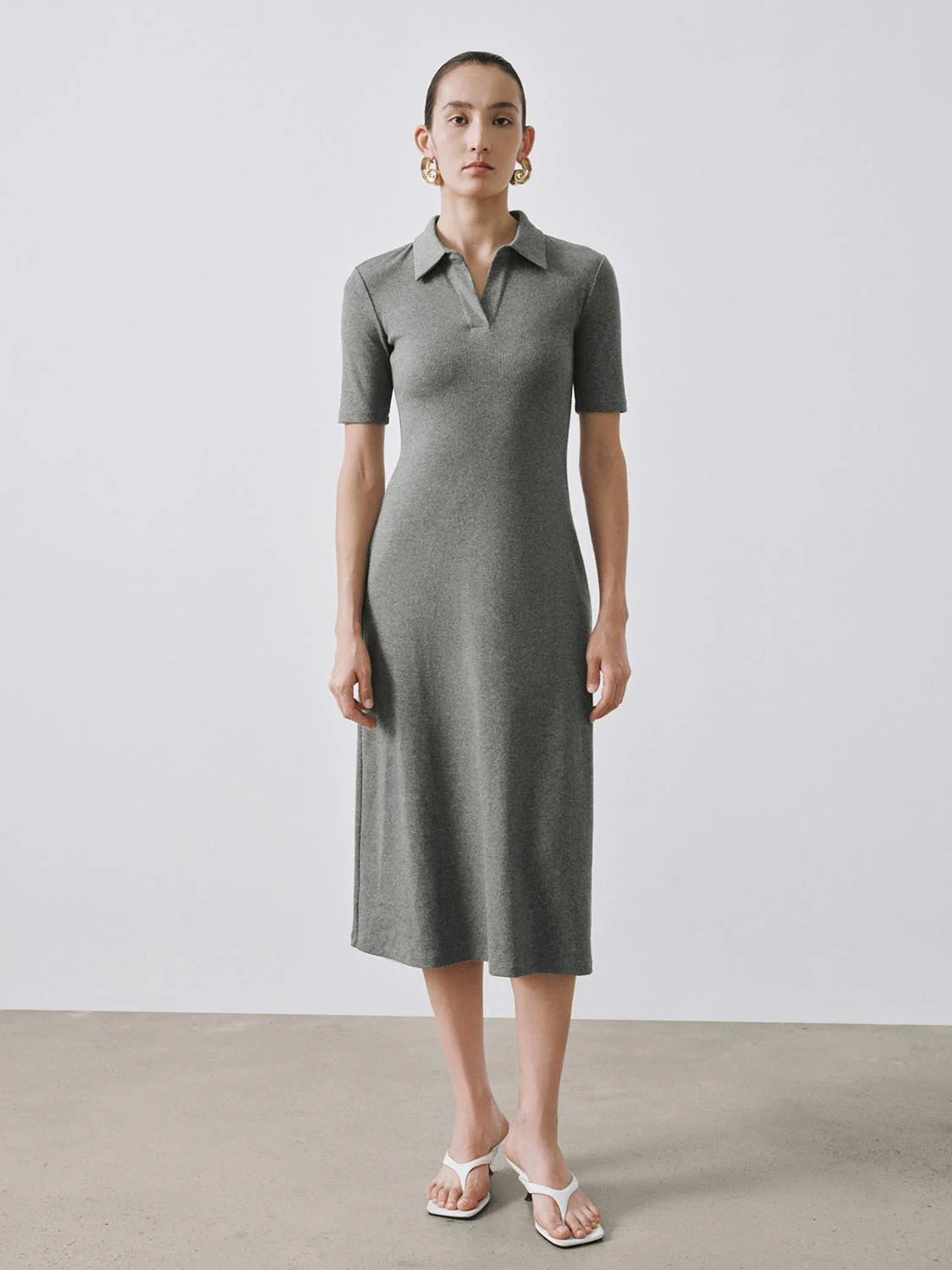 Collared Short Sleeve A-Line Midi Dresses - Image 17