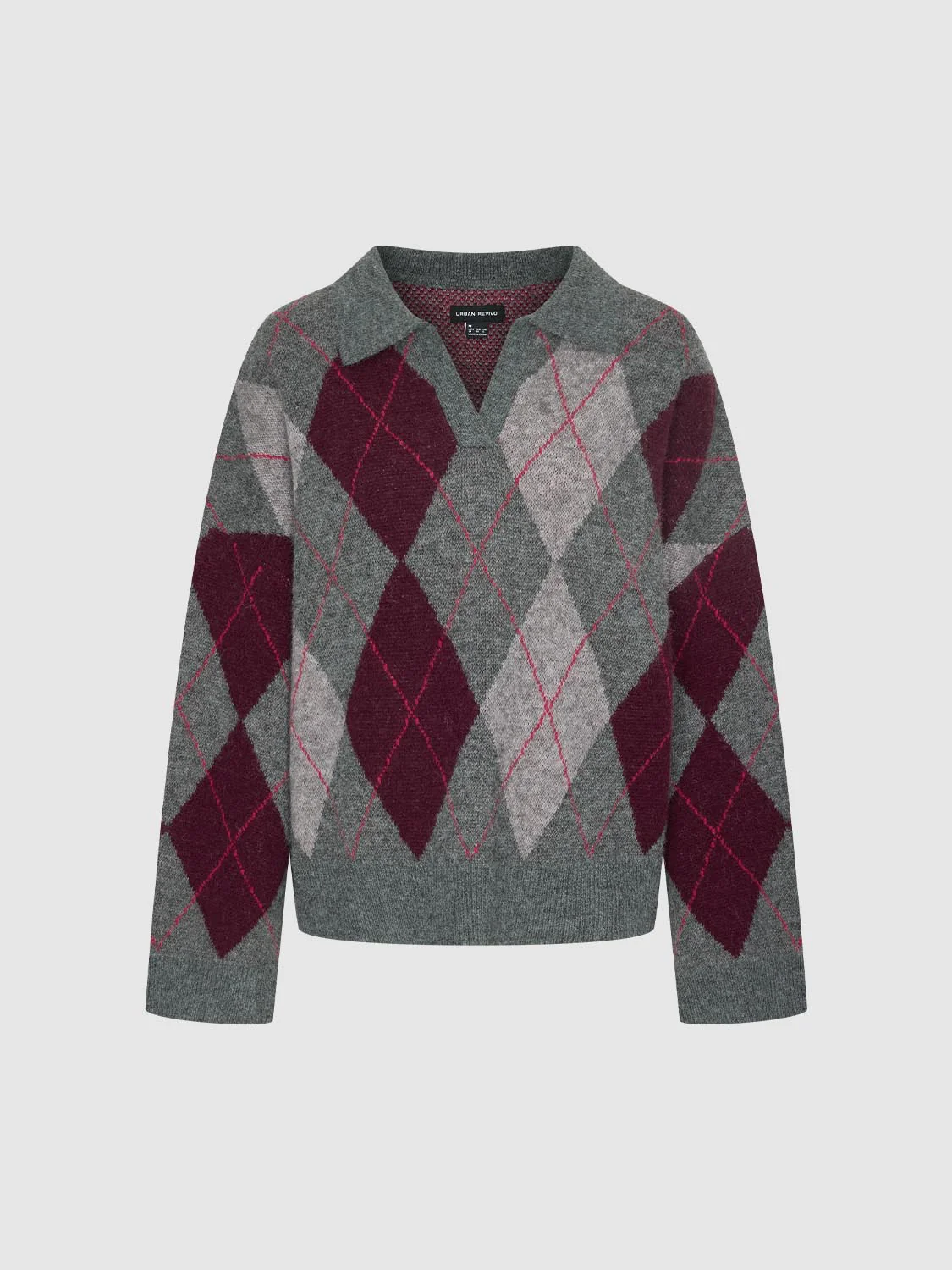 Collared V-Neck Argyle Long Sleeve Knitted T-Shirts - Image 4