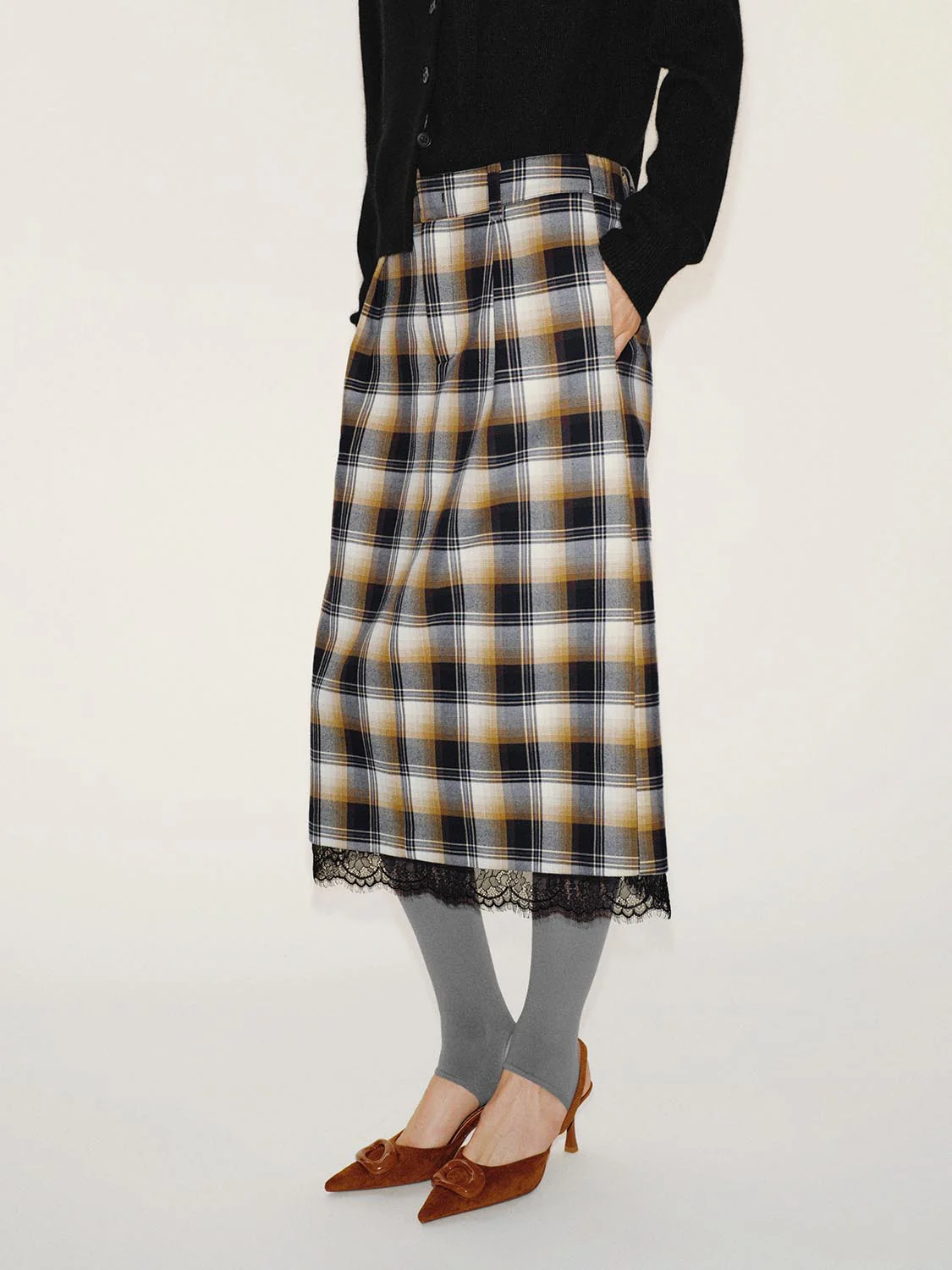 Contrast Check Lace Hem Straight Midi Dresses - Image 3