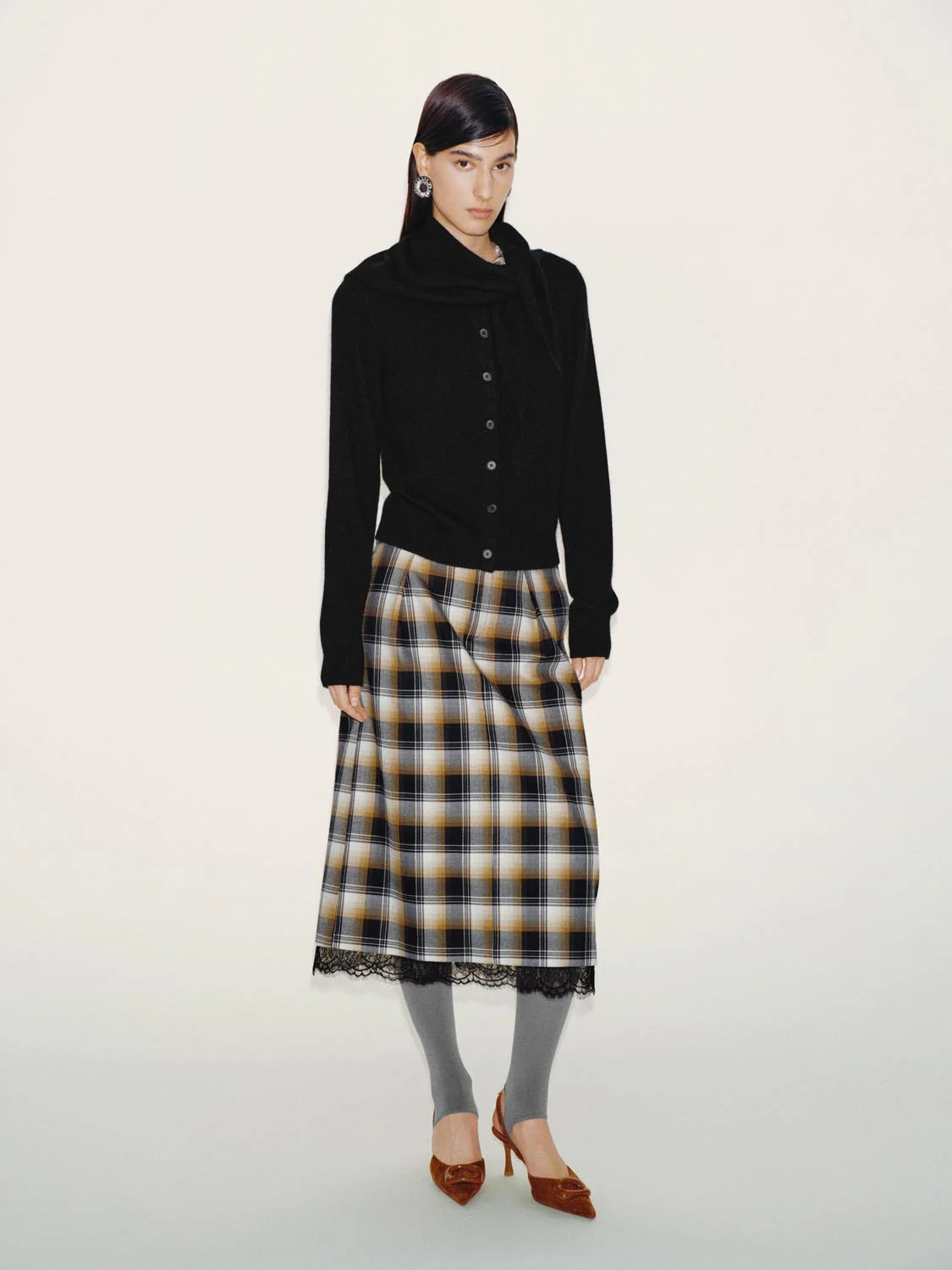 Contrast Check Lace Hem Straight Midi Dresses - Image 7