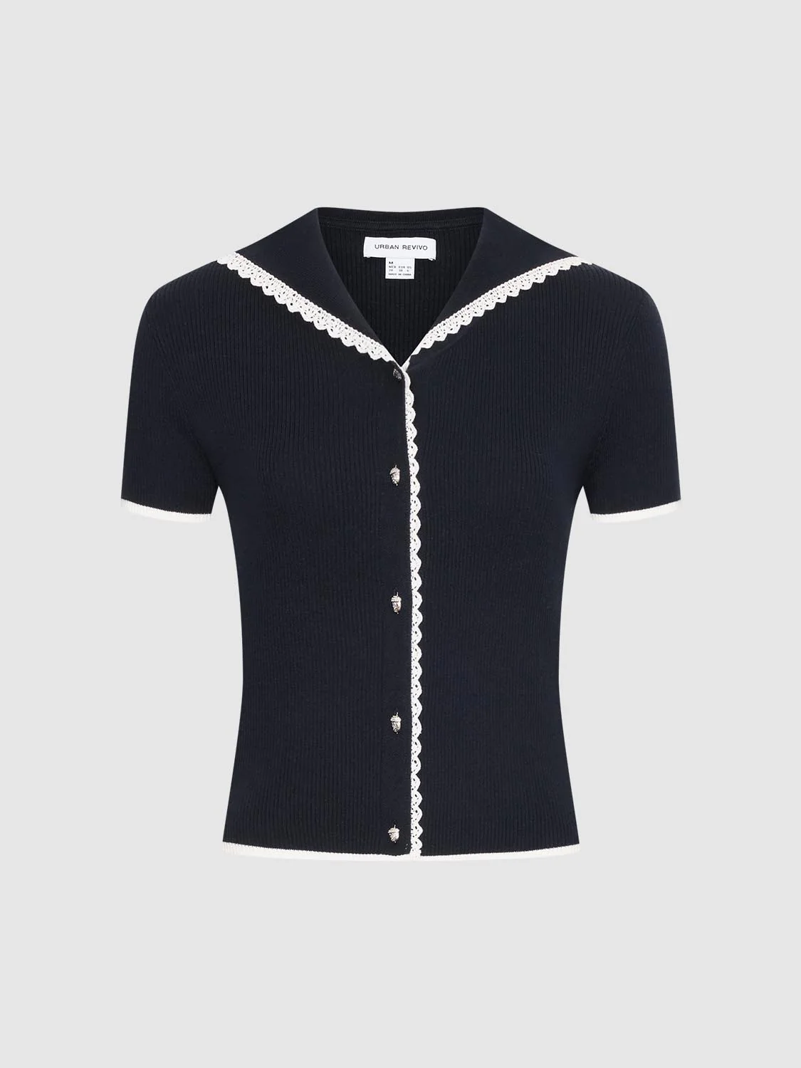 Contrast Lace Trim Collared Knitted Cardigans - Image 7
