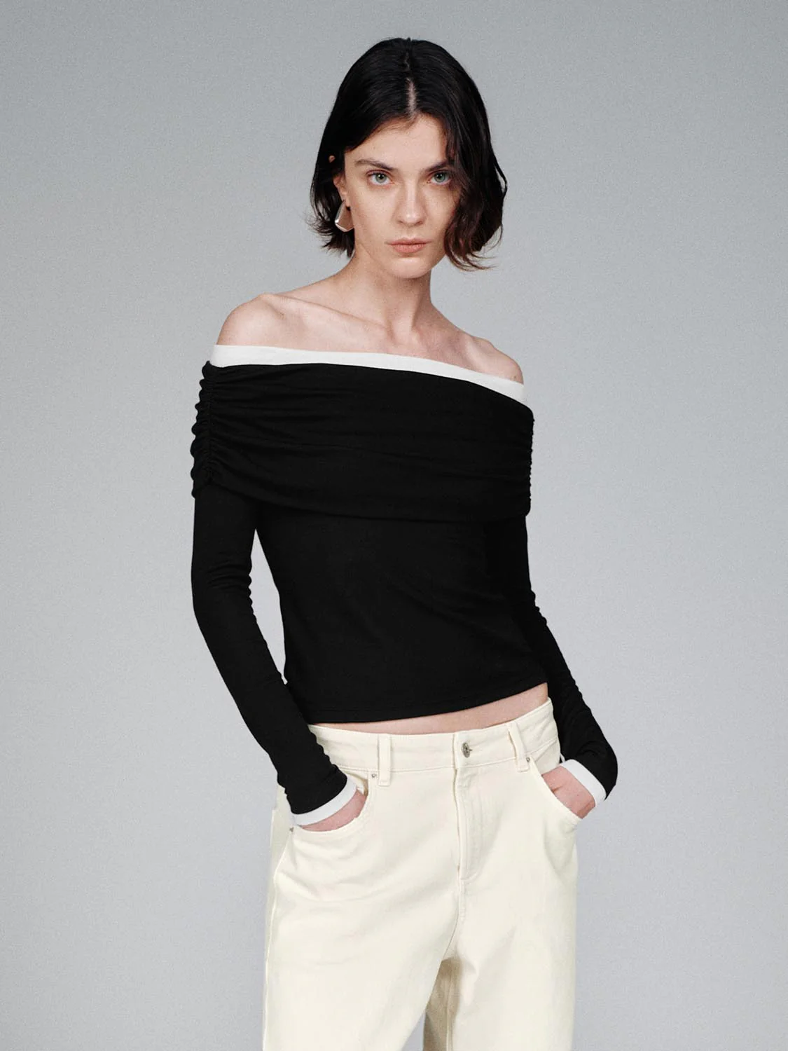 Contrast Off Shoulder Long Sleeve T-Shirts - Image 9