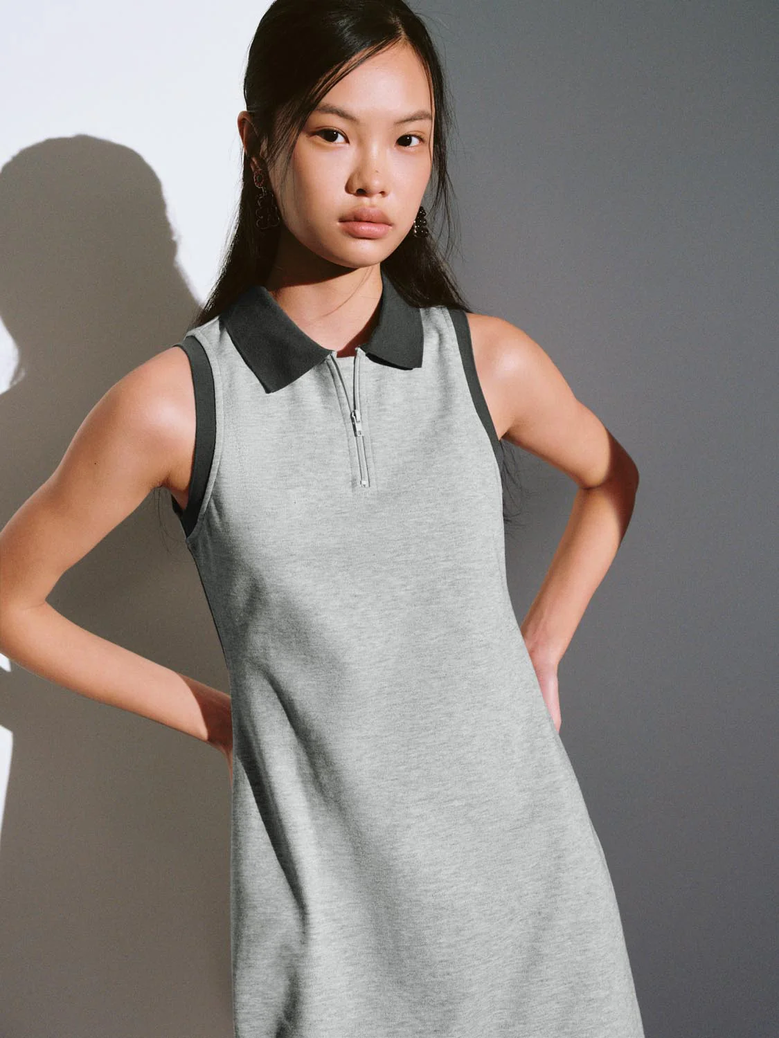 Contrast Polo Neck Sleeveless A-Line Midi Dresses - Image 3