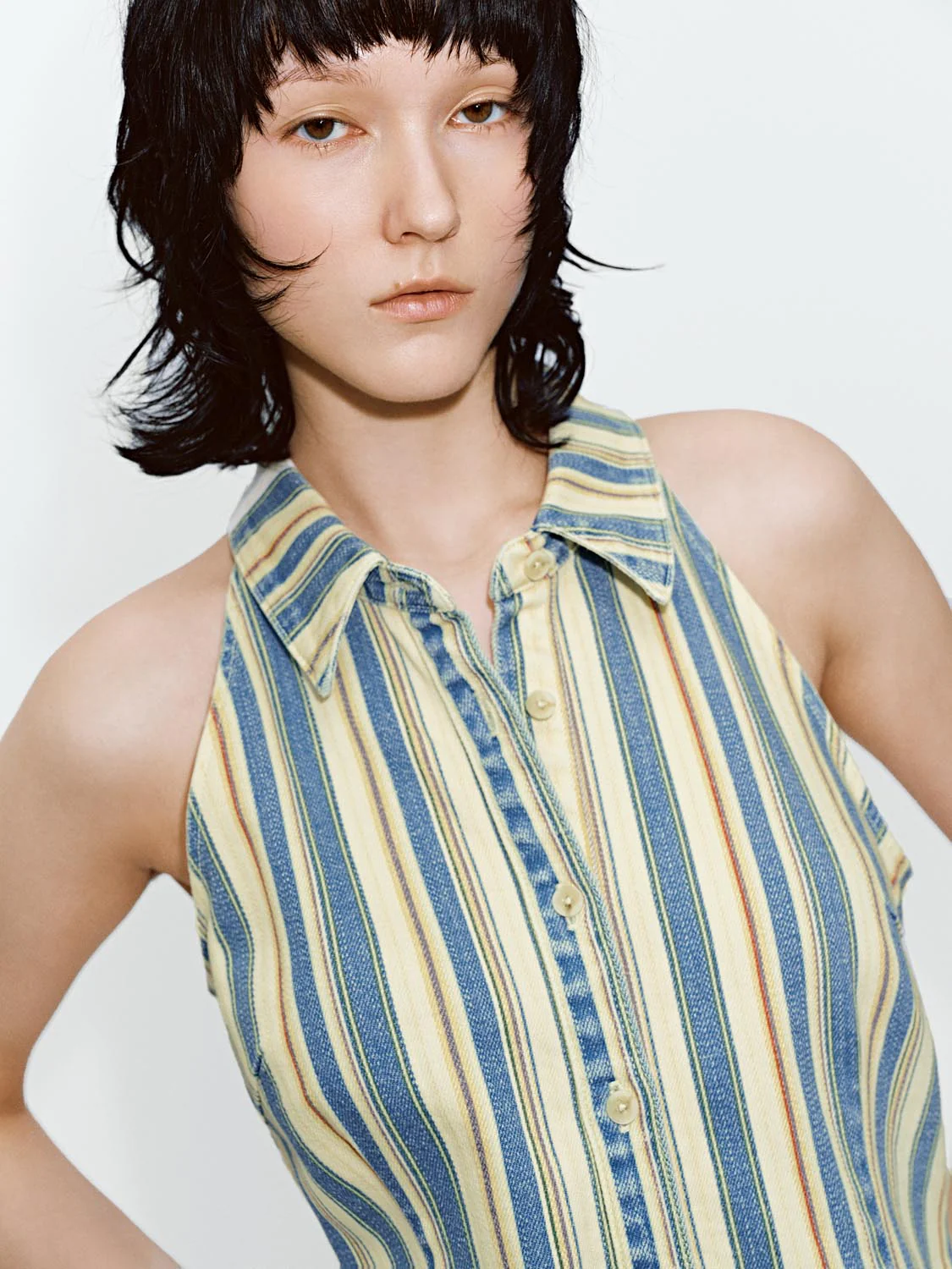 Contrast Striped Sleeveless Denim Shirts - Image 3
