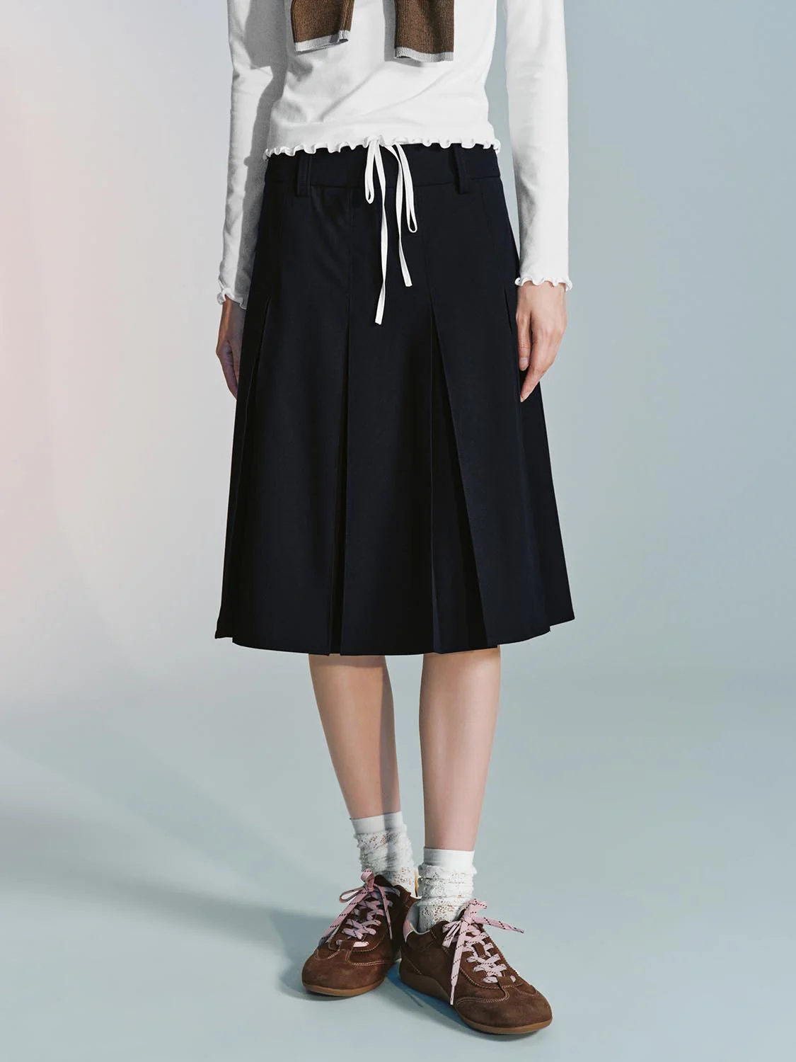 Contrast Trim Drawstring Pleated A-Line Mini Skirts - Image 9