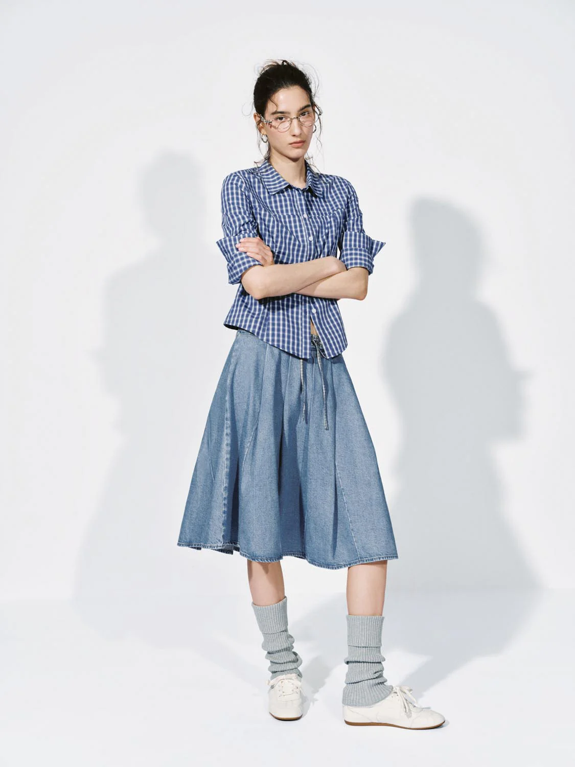 Contrast Trim Drawstring Pleated Denim Midi Skirts - Image 6