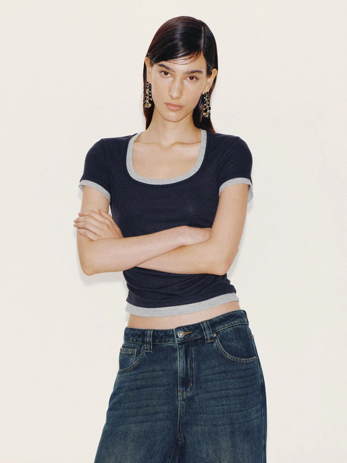 Contrast Trim Scoop Neck Ruched T-Shirts - Image 9