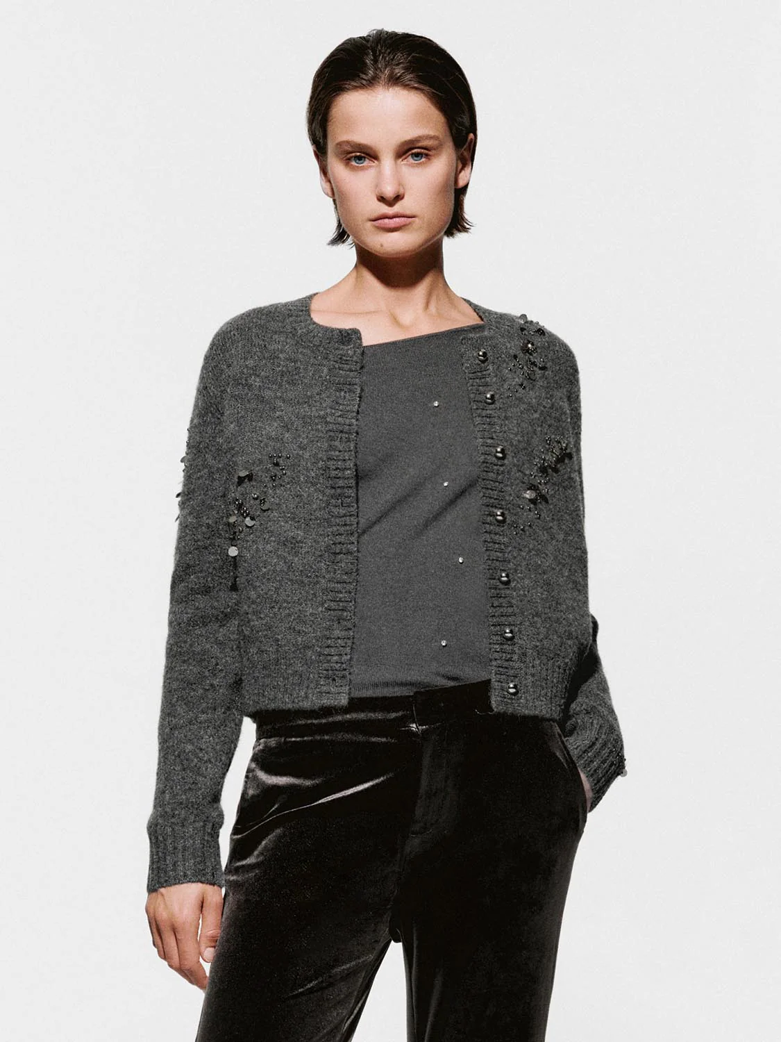 Crew Neck Beaded Knitted Cardigans - Image 26