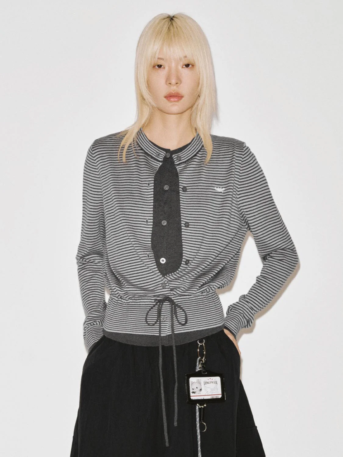 Crew Neck Embroidered Striped Tie Detail Knitted Cardigans - Image 4