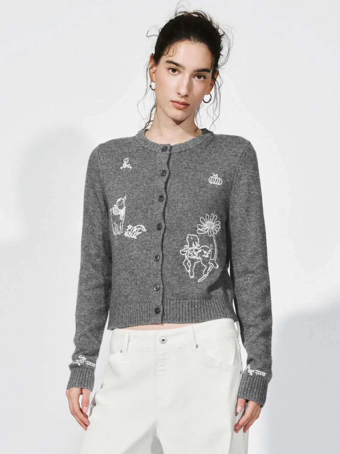 Crew Neck Intarsia Knitted Cardigans