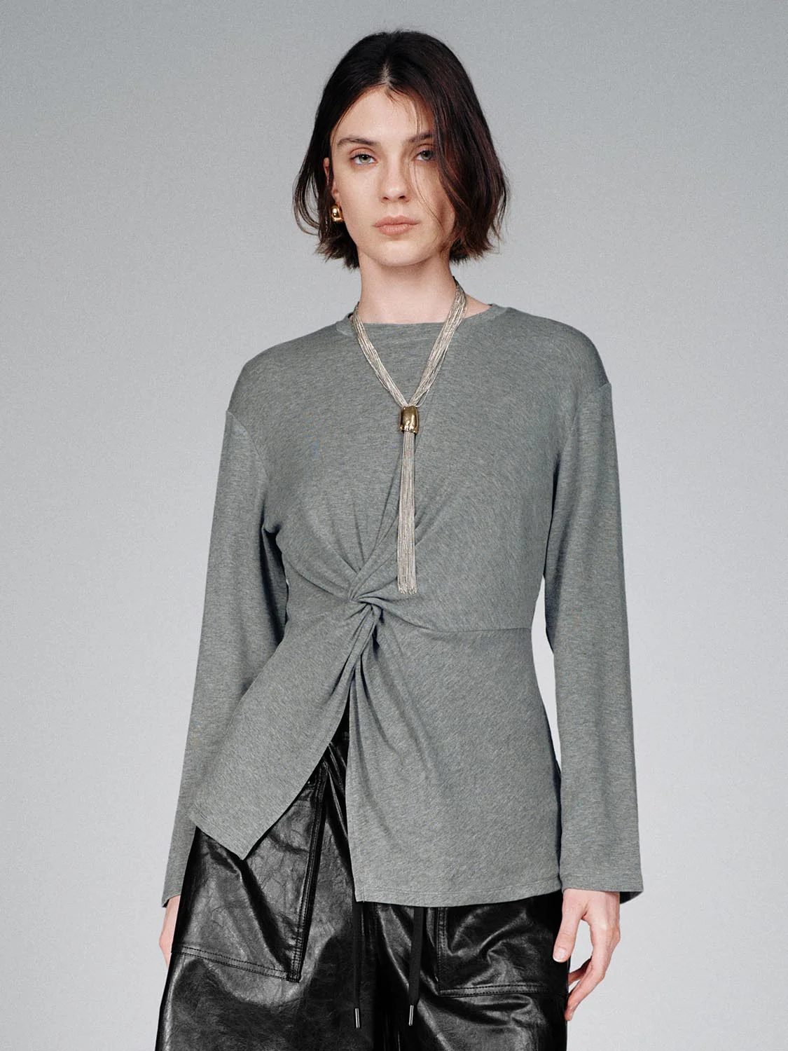 Crew Neck Knot Front Long Sleeve T-Shirts - Image 20