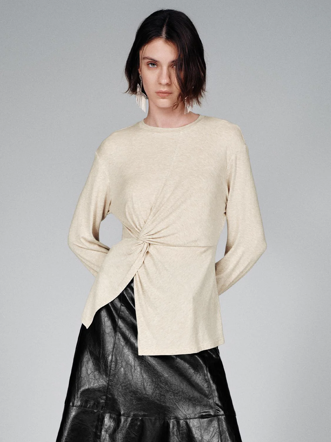 Crew Neck Knot Front Long Sleeve T-Shirts - Image 22