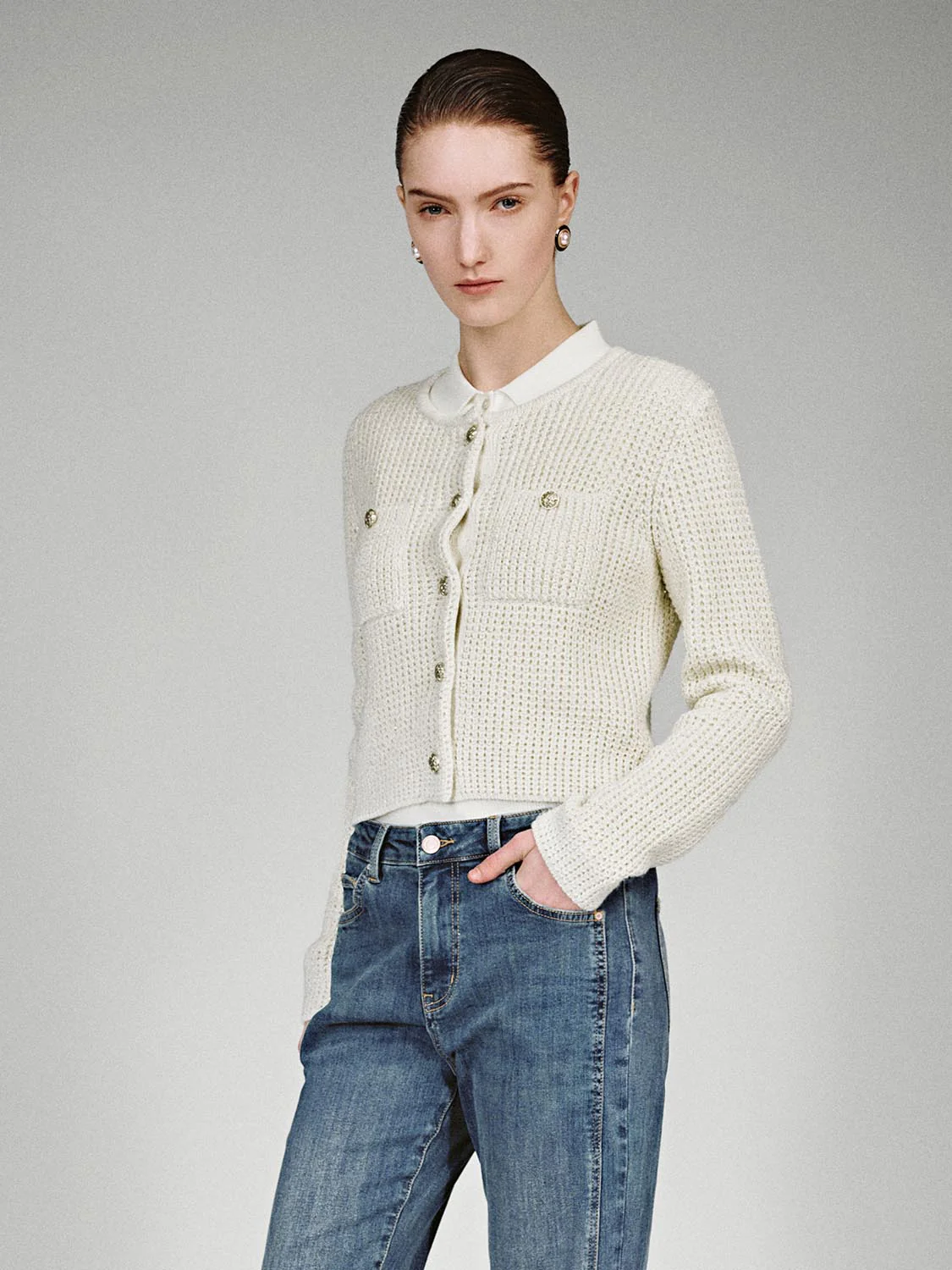 Crew Neck Patch Pockets Knitted Cardigans - Image 12