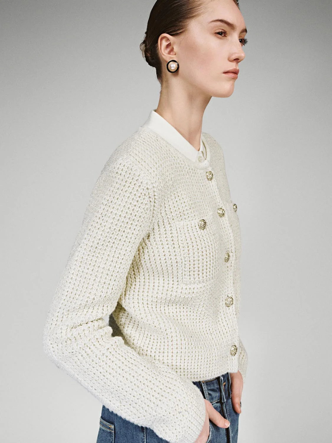 Crew Neck Patch Pockets Knitted Cardigans - Image 2