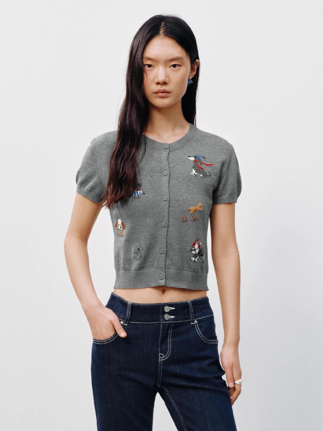 Crew Neck Short Sleeve Intarsia Knitted Cardigans - Image 4