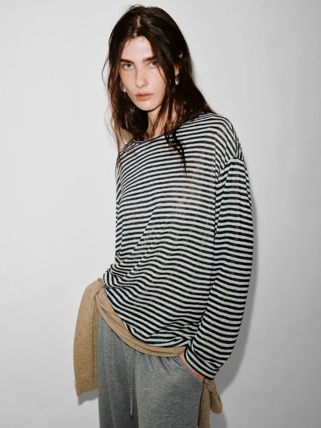 Crew Neck Striped Long Sleeve Knitted T-Shirts - Image 2
