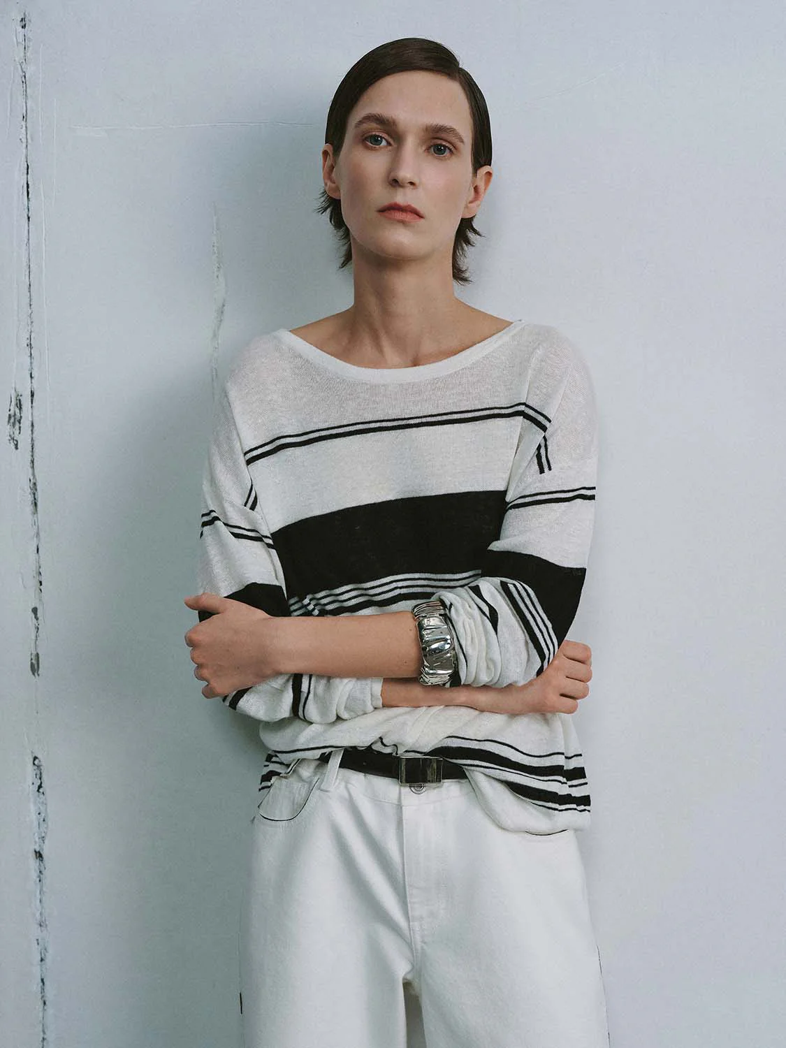 Crew Neck Striped Long Sleeve Knitted T-Shirts
