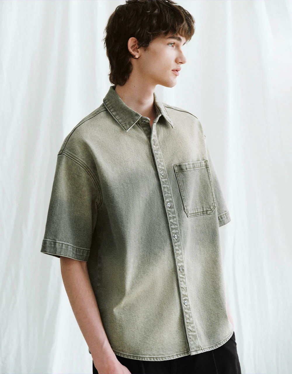 Distressed Button Up Loose Denim Shirt - Image 3