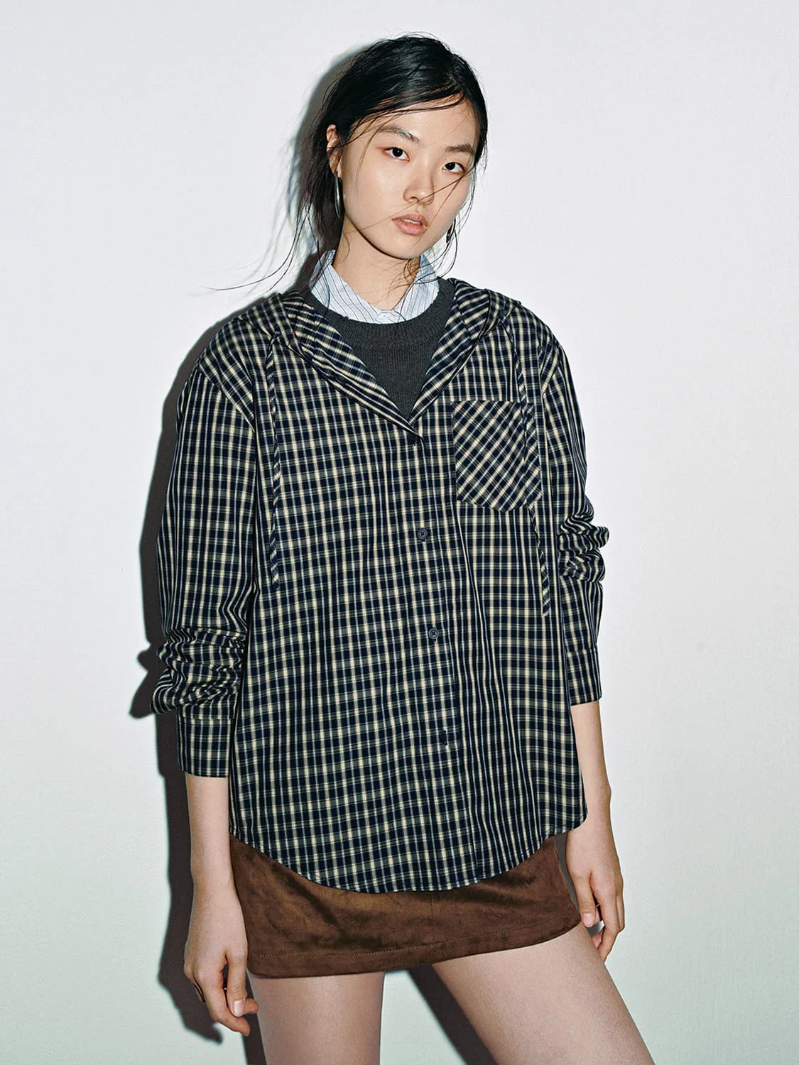 Drawstring Check Hooded Shirts - Image 9