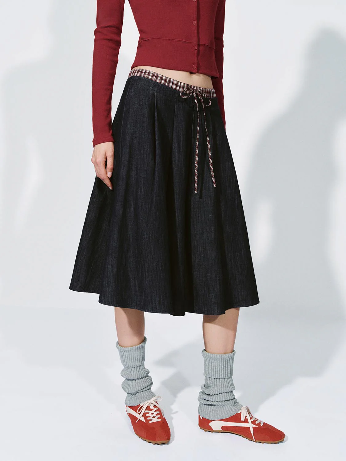 Drawstring Contrast Hem Denim Skirts - Image 3