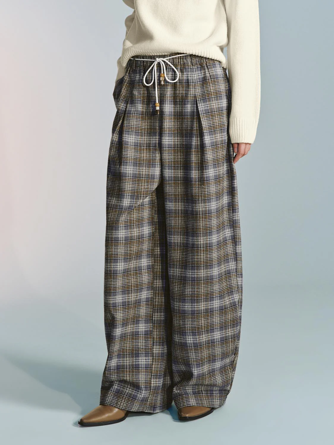 Drawstring Pull On Check Wide Leg Pants - Image 3
