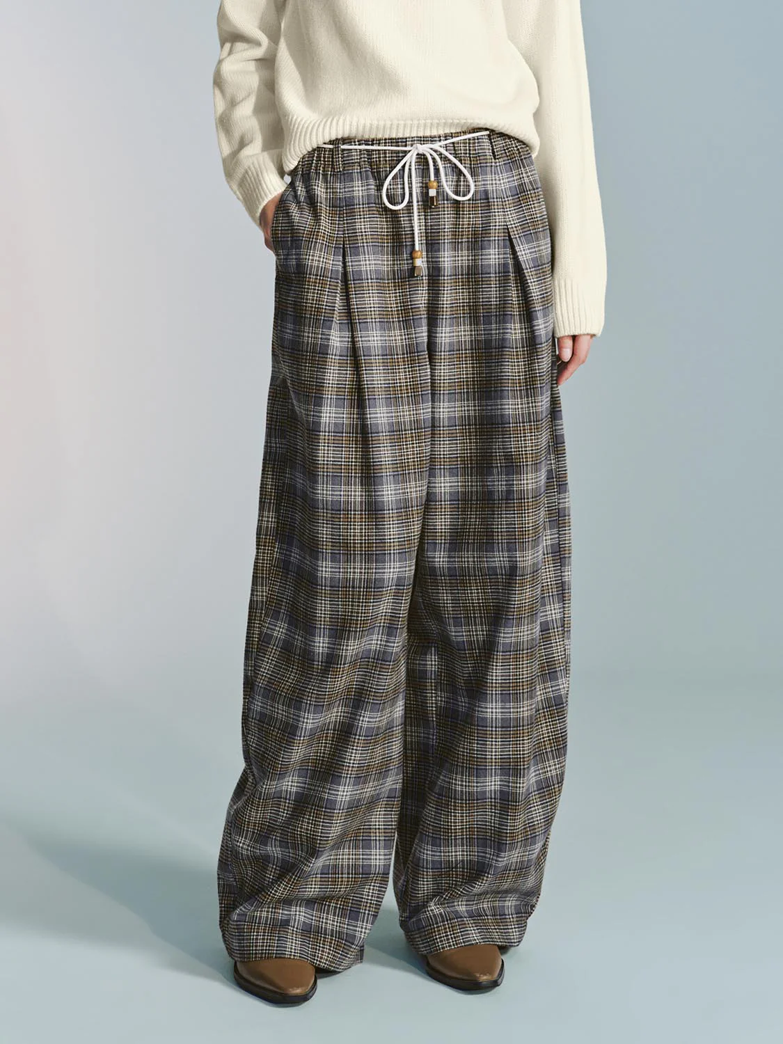 Drawstring Pull On Check Wide Leg Pants - Image 9