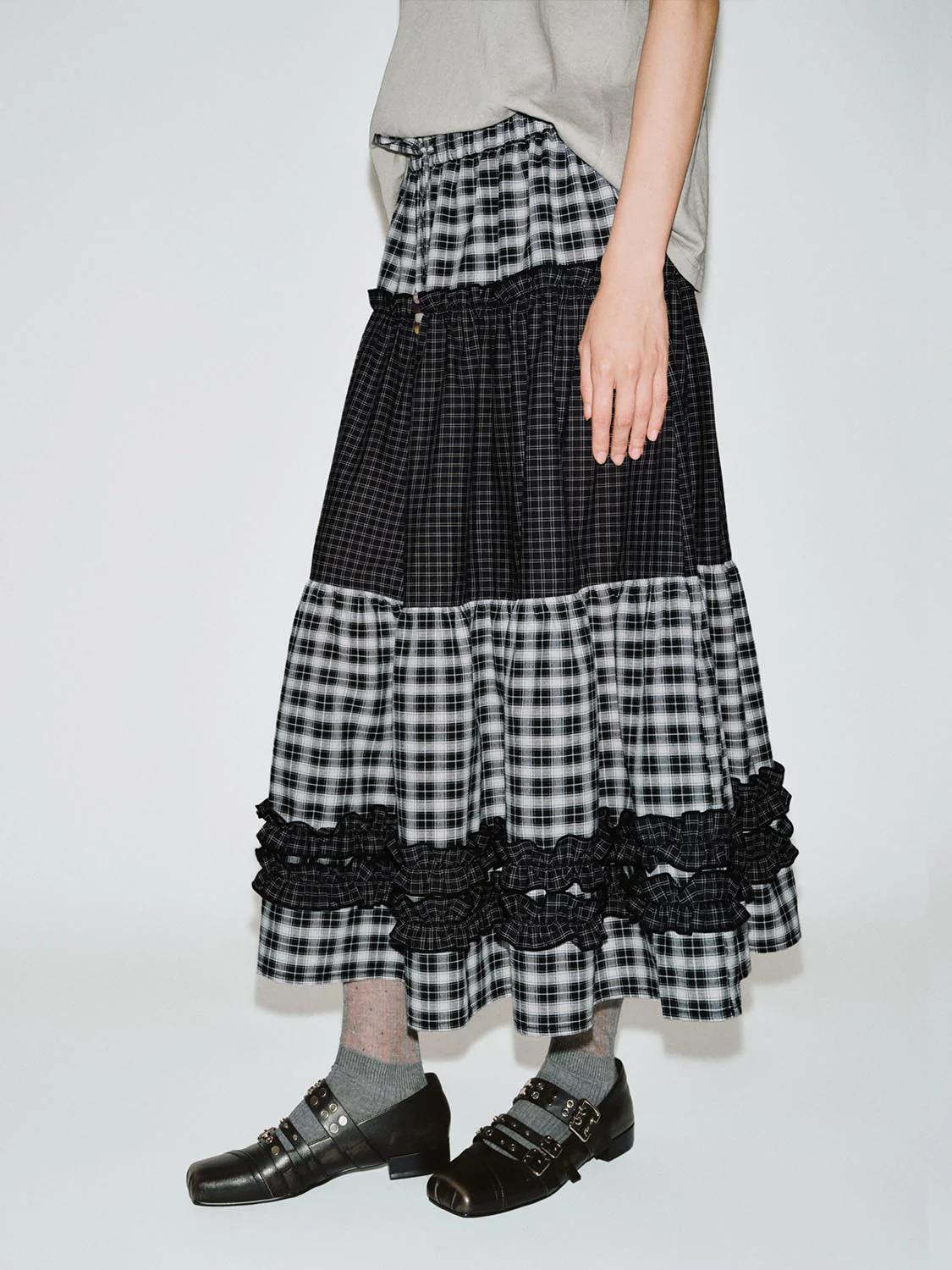 Drawstring Pull On Contrast Check Tiered A-Line Midi Skirts - Image 3