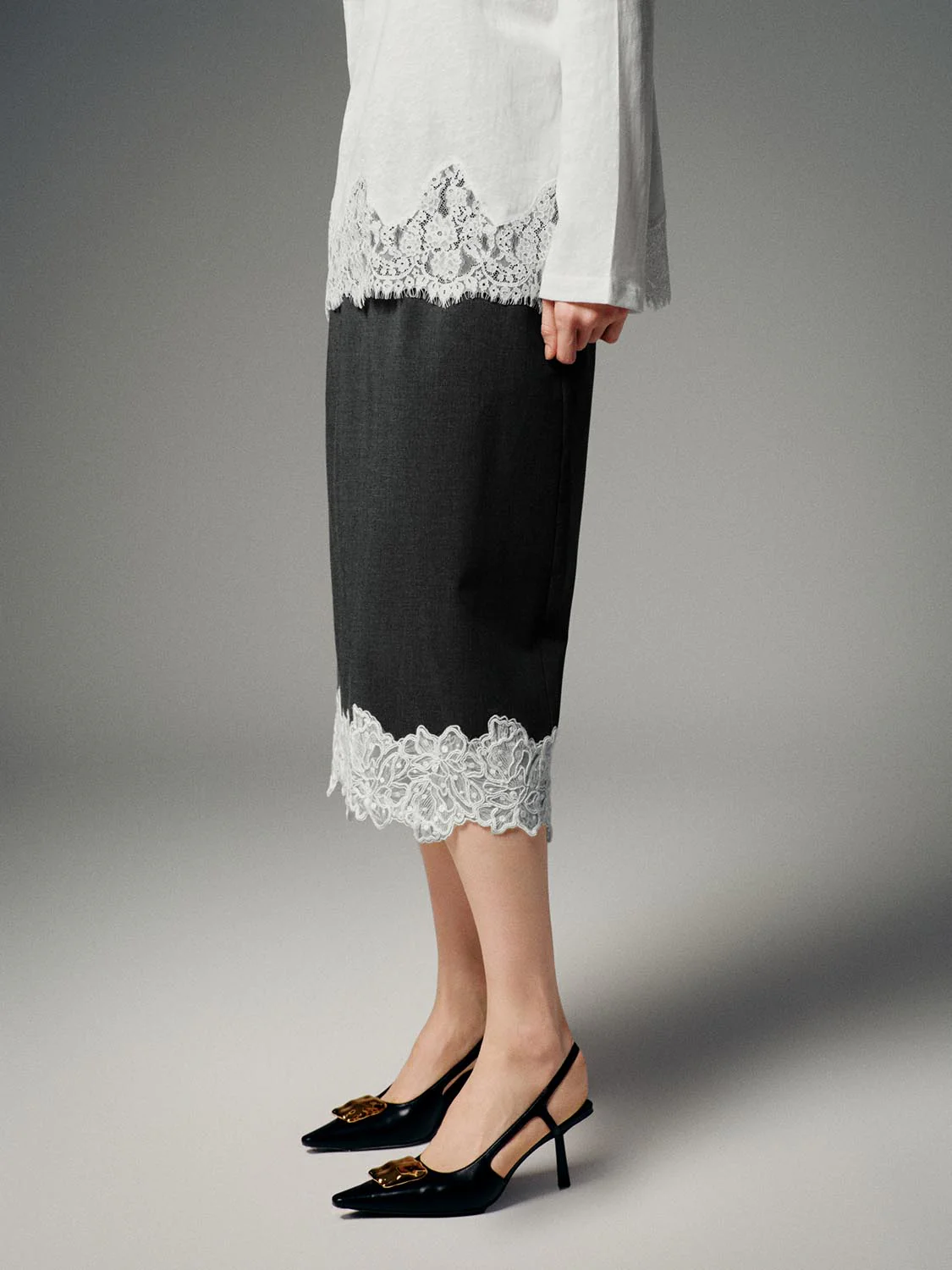 Drawstring Pull On Lace Trim Straight Midi Skirts - Image 3