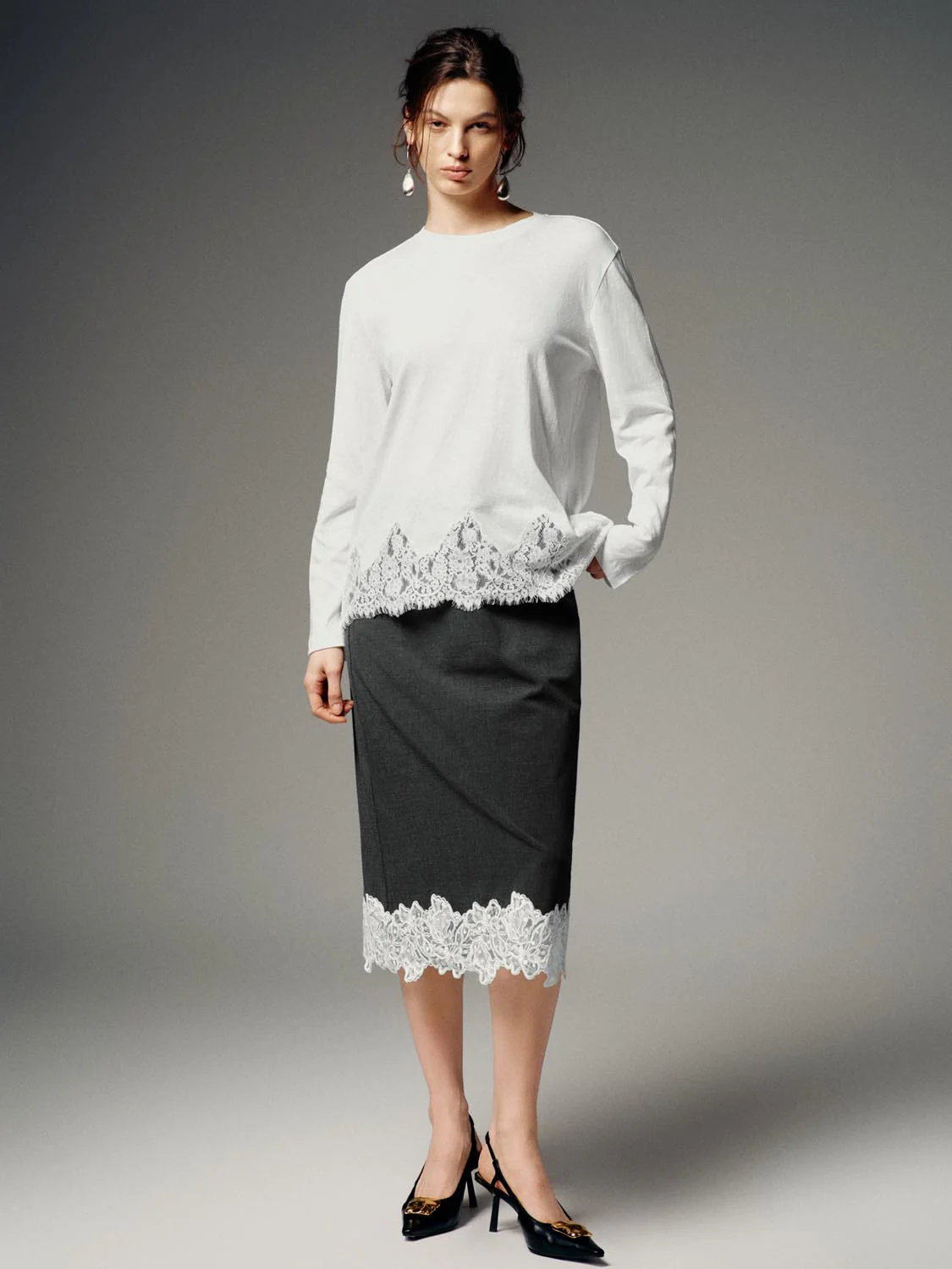 Drawstring Pull On Lace Trim Straight Midi Skirts - Image 6