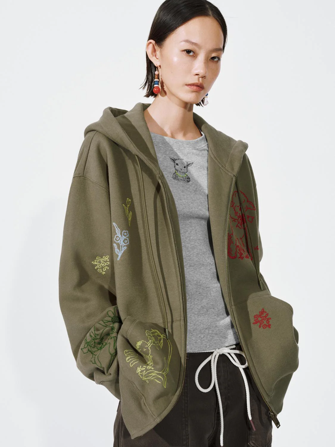 Embroidered Drawstring Hooded Loose Fit Jackets - Image 2
