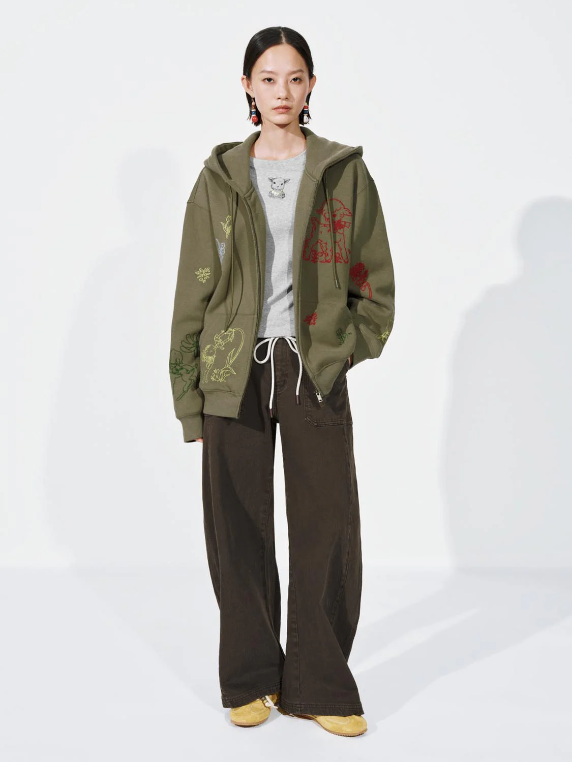 Embroidered Drawstring Hooded Loose Fit Jackets - Image 5