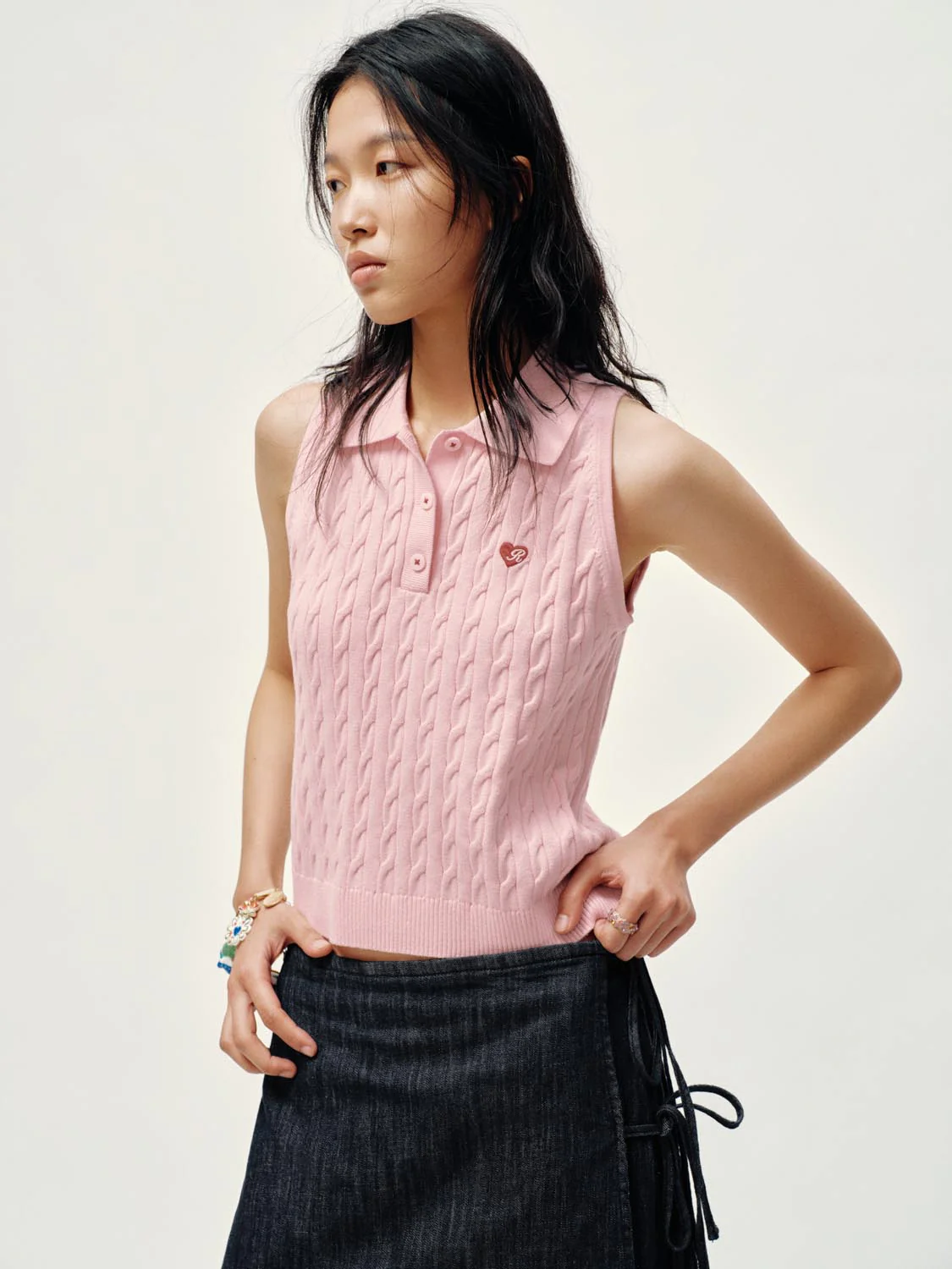 Embroidered Polo Neck Cable Knitted Sleeveless T-Shirts - Image 2
