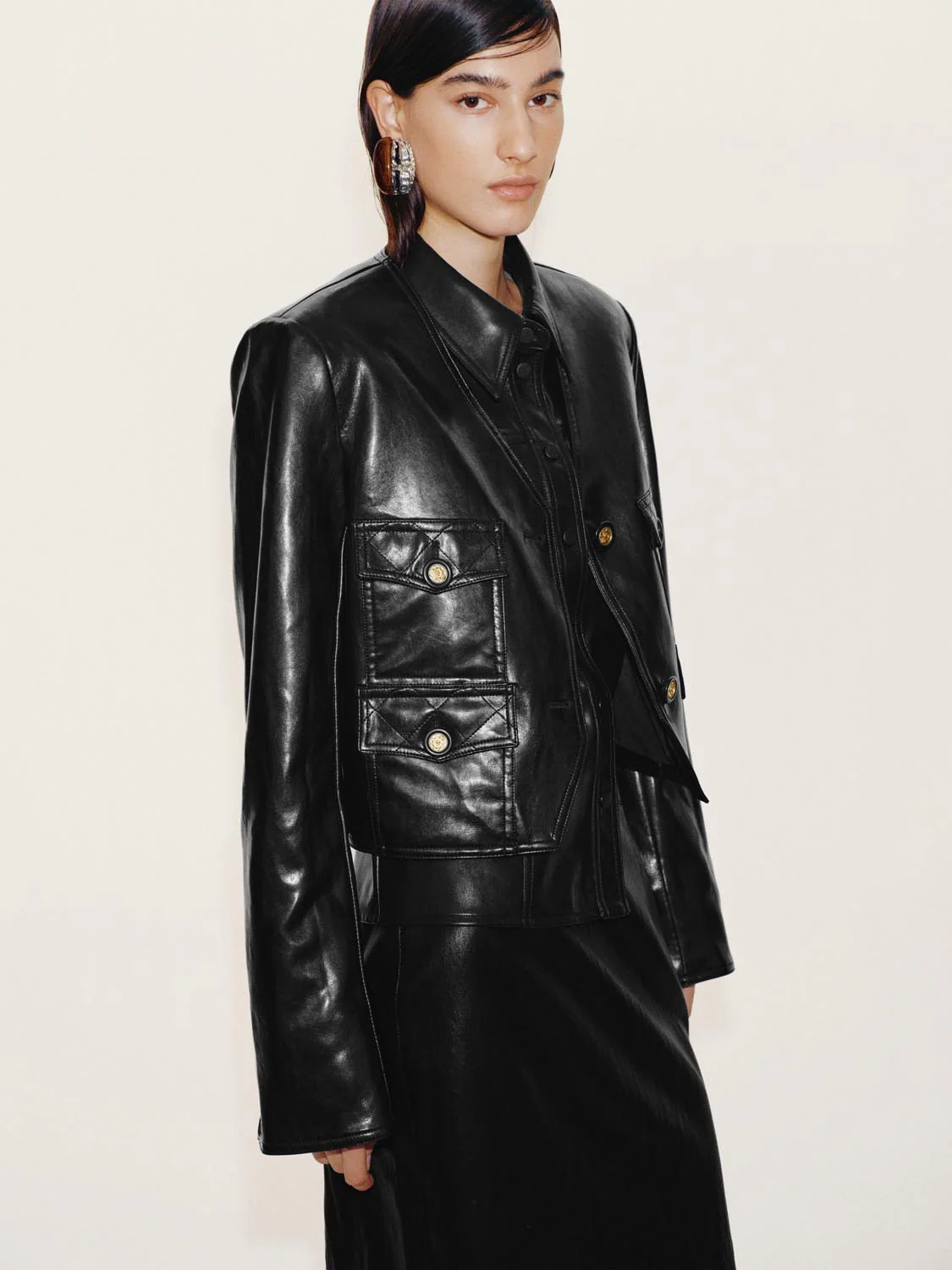 Faux Leather Collarless V-Neck Jackets - Image 2